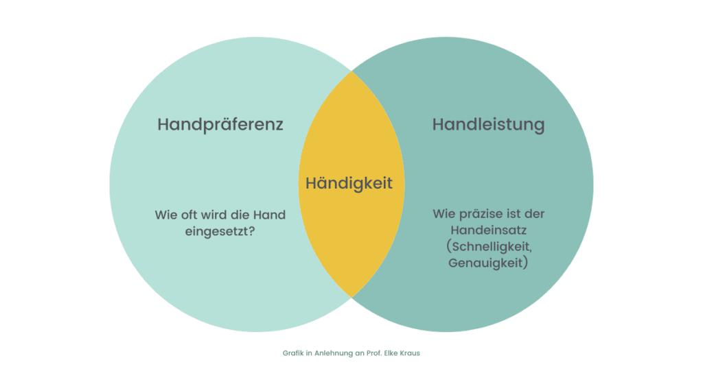 2 Kreise, die die Dimensionen Händigkeitspräferenz und Handleistung gegenüberstellen und zur Händigkeit von Kindern gehören.