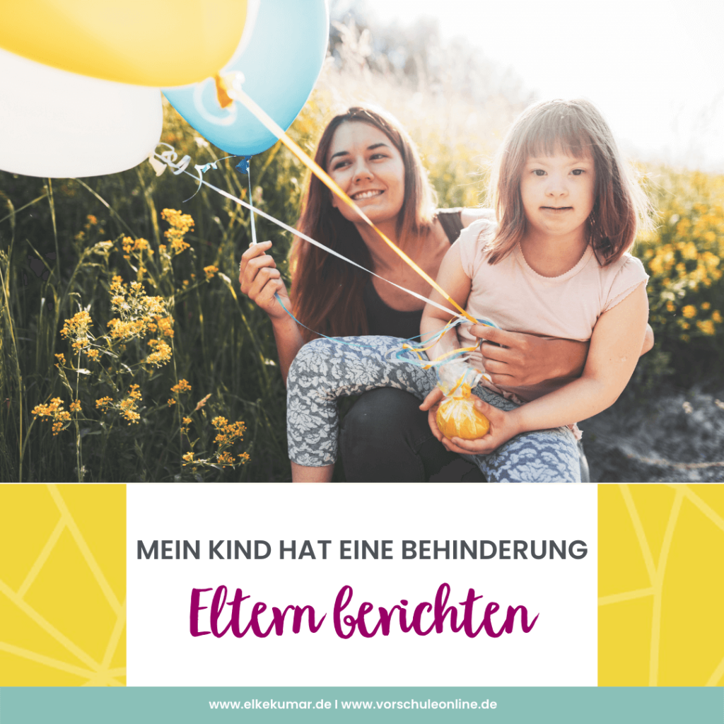 Das Bild zeigt eine Frau mit einem behinderten Kind. Sie halten 3 bunte Luftballons.